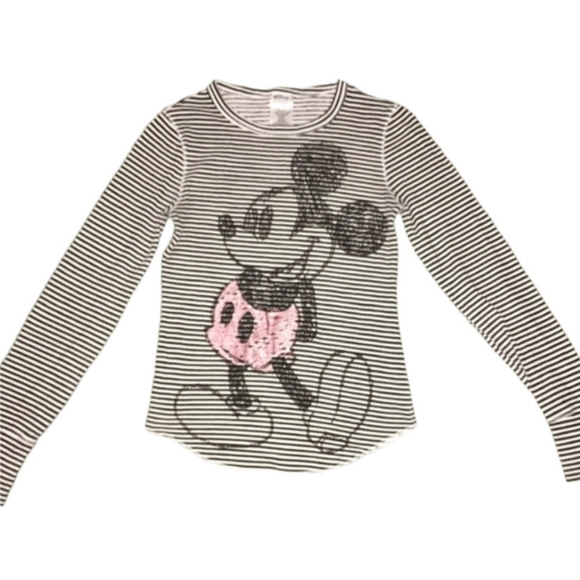 Disney Micky Mouse Top Waffle Knit Black White Striped Girls Size Medium Shirt - Picture 2 of 6
